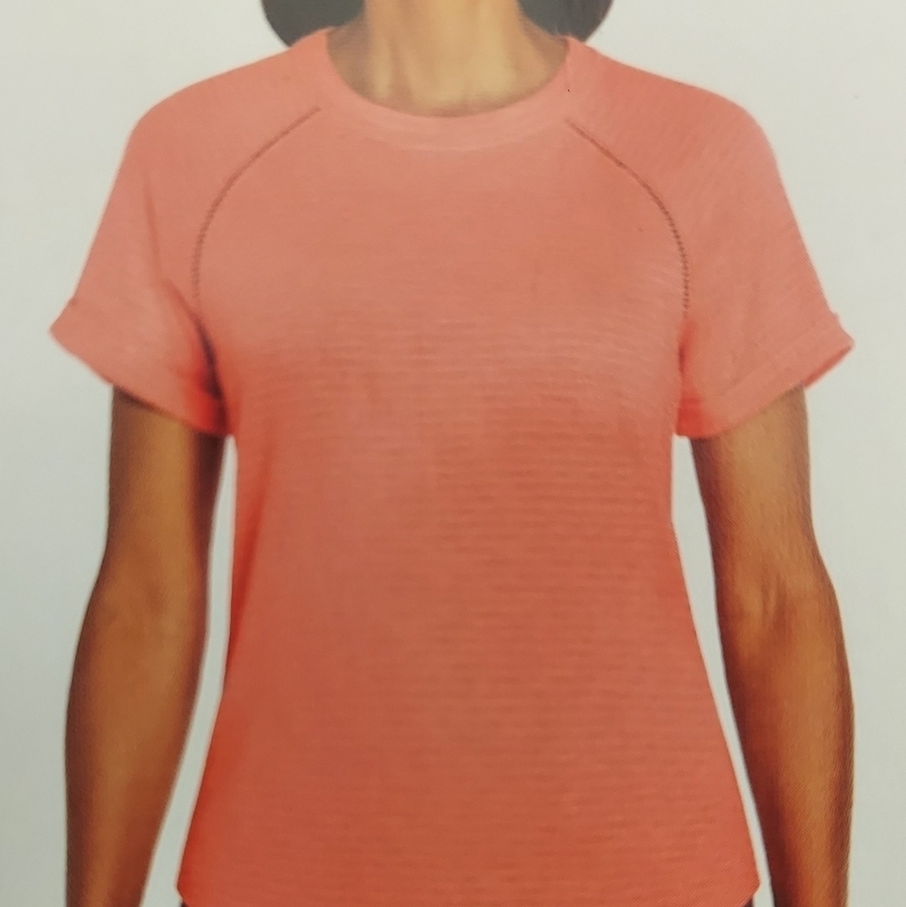 NWT EDDIE BAUER Shell Pink Ladder Trim Soft Slub Fabric Relaxed Fit SS Tee L